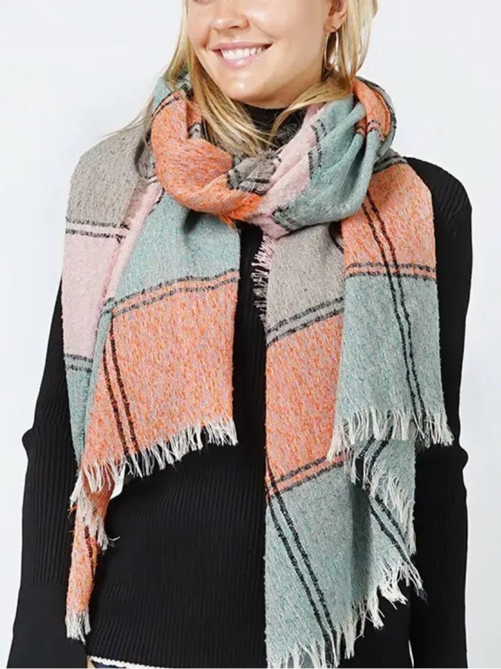 Gorgeous Plaid Fringe Scarf in Peach, Mint & Gray